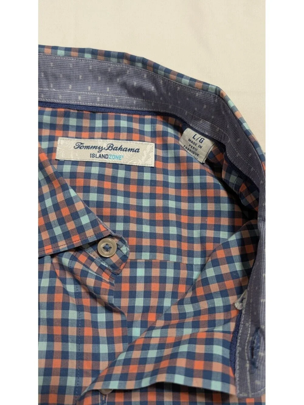 Tommy Bahama IslandZone Mens Large Gingham Button Down Shirt Blue Orange Marlin